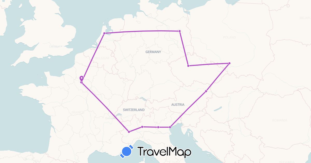 TravelMap itinerary: train in Austria, Bosnia and Herzegovina, Germany, France, Italy, Netherlands, Poland (Europe)